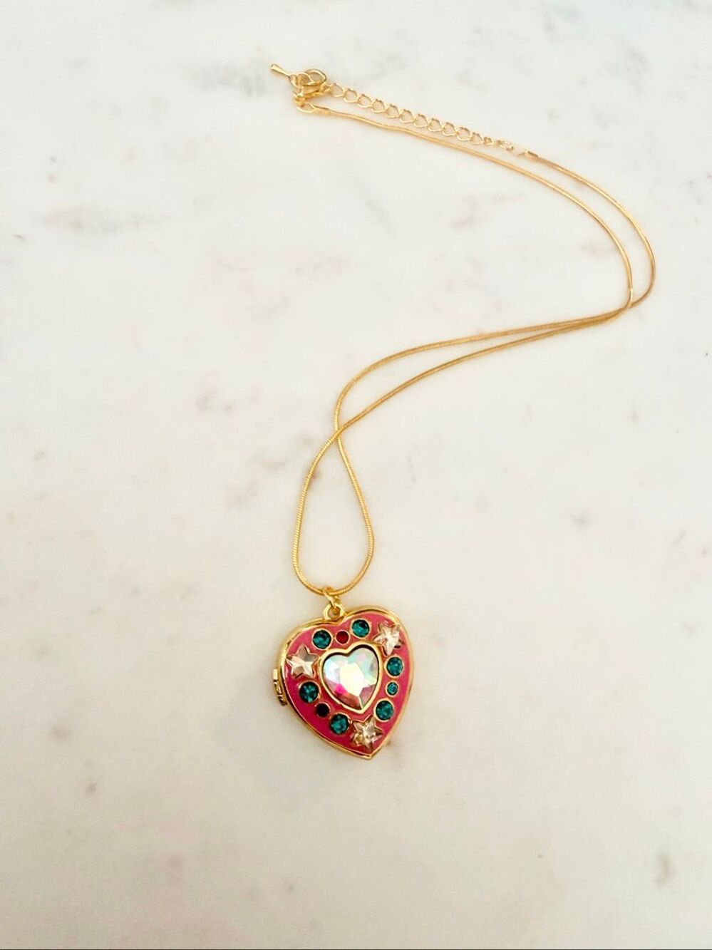 Pink Rhinestone Heart Locket Necklace Y2K Gold Tone
